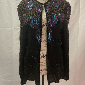 J.M.C. Colorful Silk Sequin Round Neck Long Sleeves Lined Jacket. Size Medium